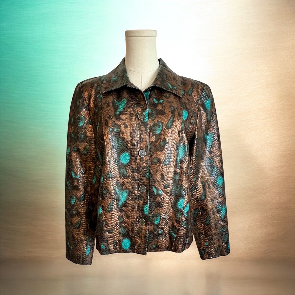 City Girl New York Bronze Teal Snakeskin Faux Leather Jacket Womens‎ Medium
